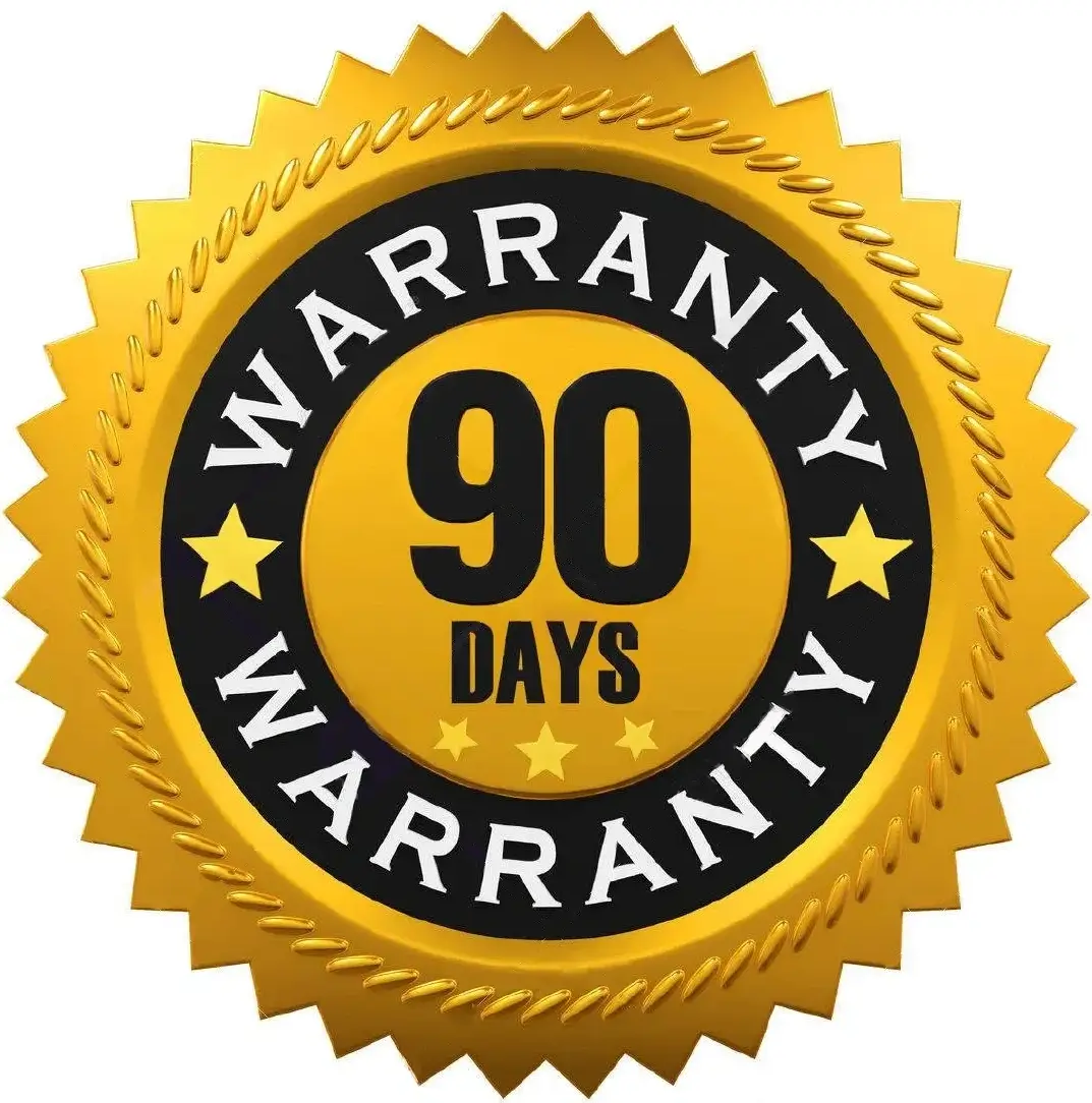 A 9 0 day warranty seal is shown.