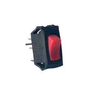 A red light is on the side of a black switch.