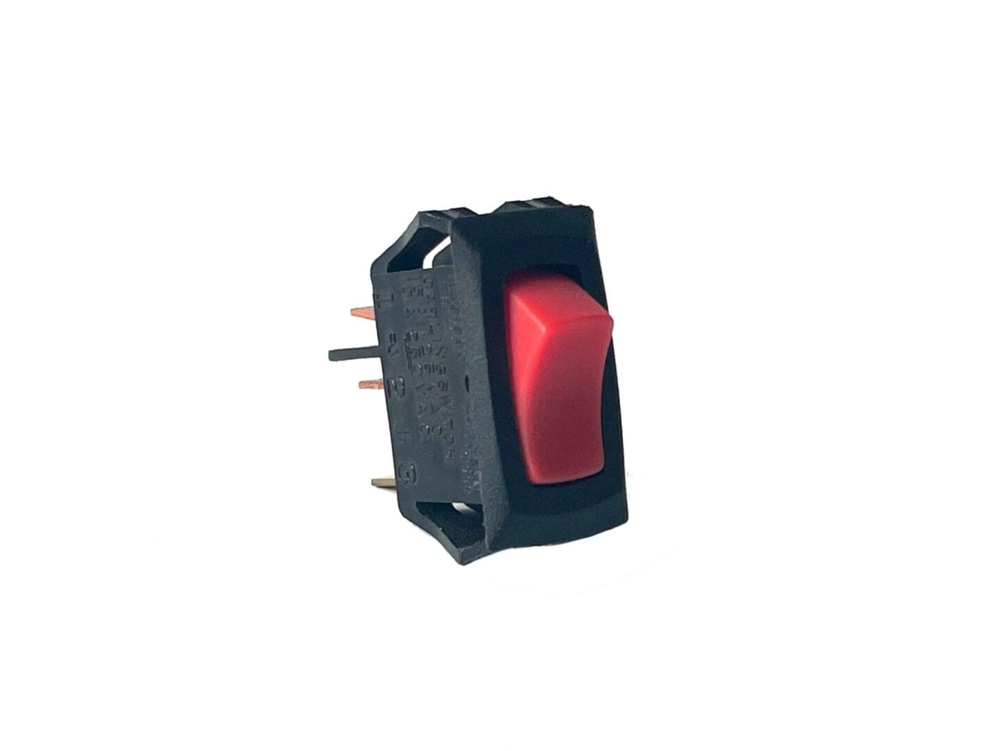 A red light is on the side of a black switch.