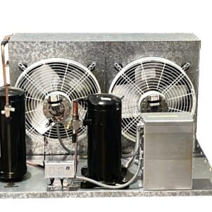 A compressor unit with two fans and a tank.