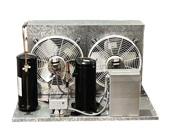 A compressor unit with two fans and a tank.