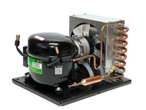 A compressor with copper wires and a black base.