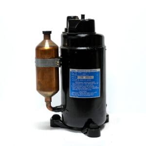 A black and blue air compressor on top of a white background.