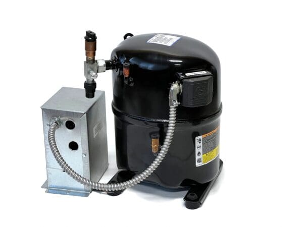 A black compressor and an air pump on a white background