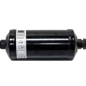 A black cylinder with a white label on it.