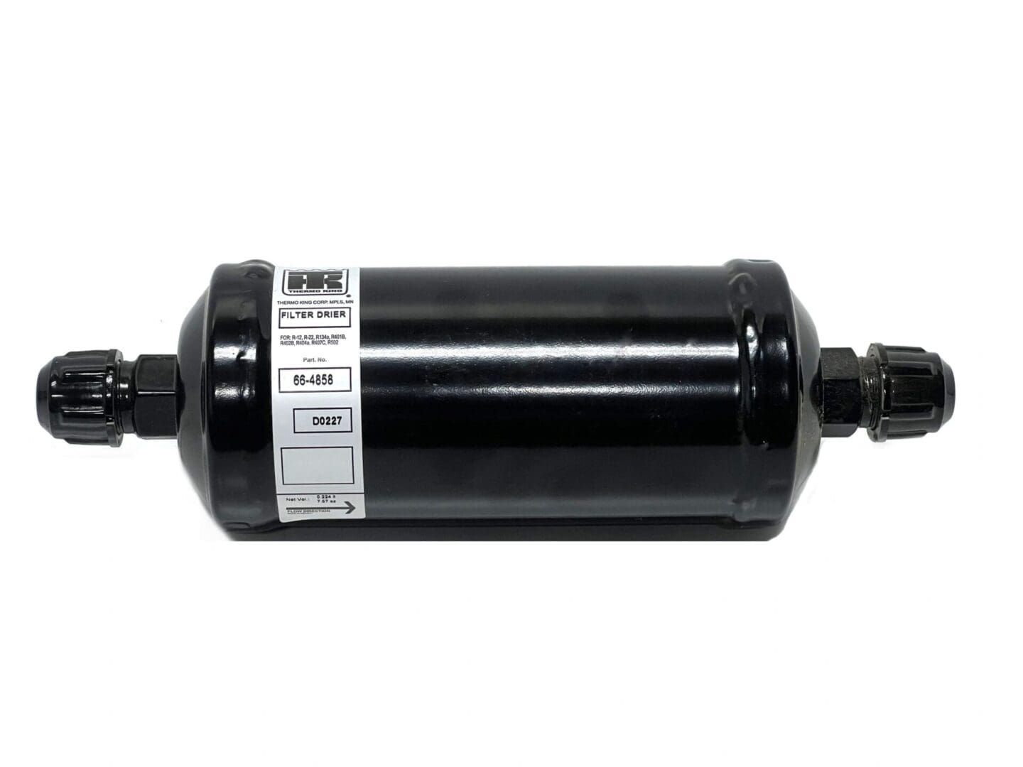 A black cylinder with a white label on it.