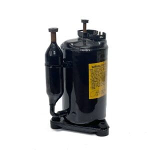 A black compressor with a yellow label on it.