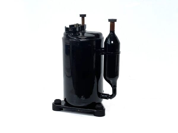 A black air compressor with two bottles on top of it.
