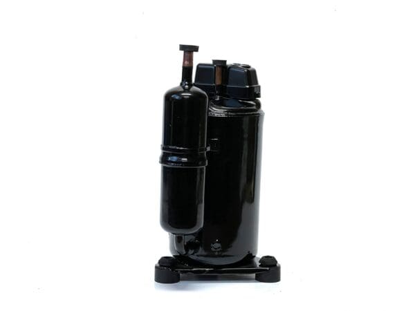 A black air compressor on top of a white background.