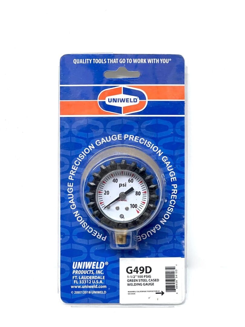 A picture of the front of a package for a pressure gauge.