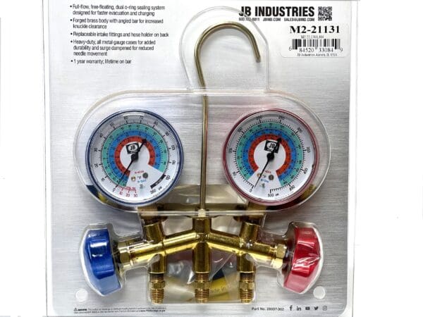 A picture of the front of a package with two gauges.