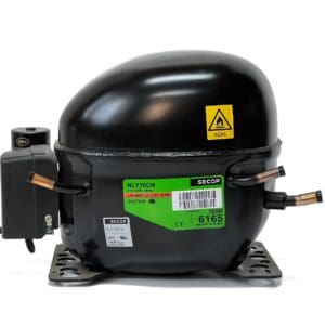 A black compressor with the label " no refrigerant " on it.