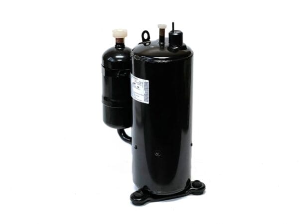 A black air conditioner compressor on a white background