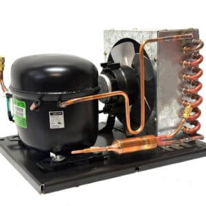 Black refrigeration compressor with coiled copper condenser