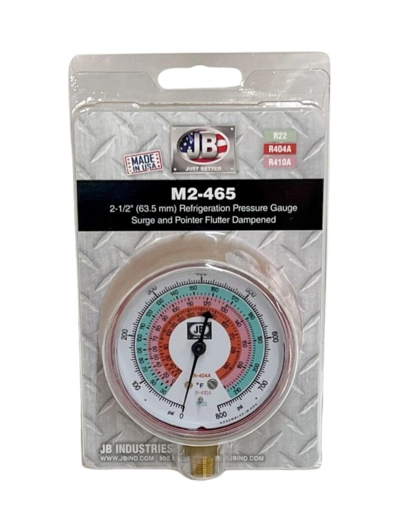 A picture of the packaging for a jb industries pressure gauge.
