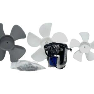 A group of fans and parts for an air conditioner.