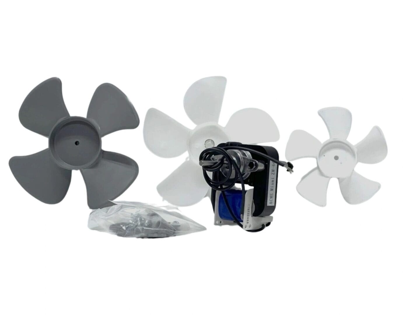 A group of fans and parts for an air conditioner.