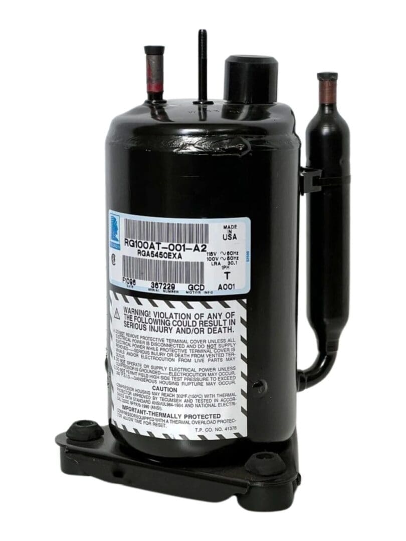 A black compressor with the label " refrigerant " on it.
