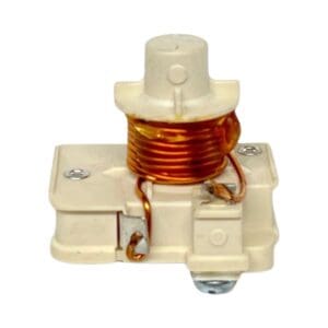 A white and orange coil is attached to the side of an electrical box.