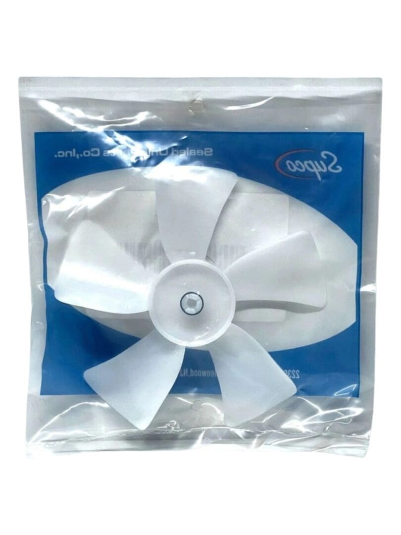 A white fan is in the package on its side.