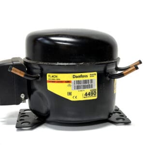 Black refrigerator compressor with yellow label.