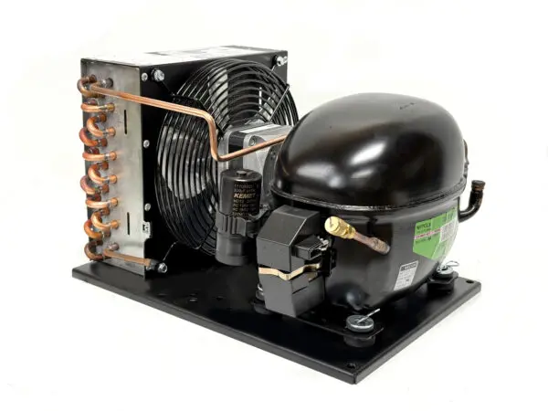 Refrigeration compressor unit with fan and coil.