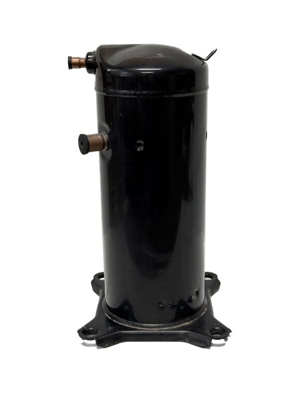 Black cylindrical air compressor on white background.